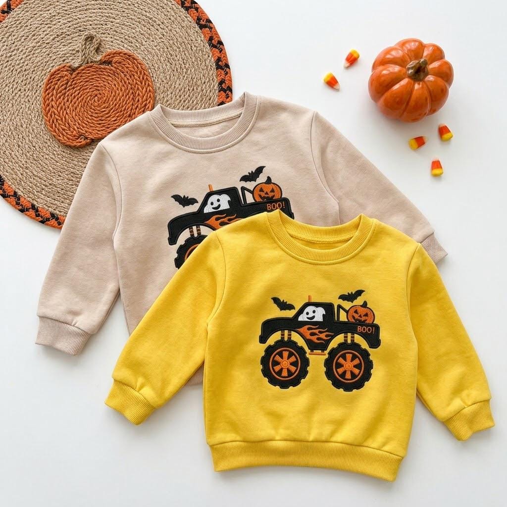 Buy 1 get 1 Halloween Monster Truck Sweatshirt, Ghost Pumpkin Embroidered Sweater, Toddler Boy Fall Pullover, Cute Halloween Shirt