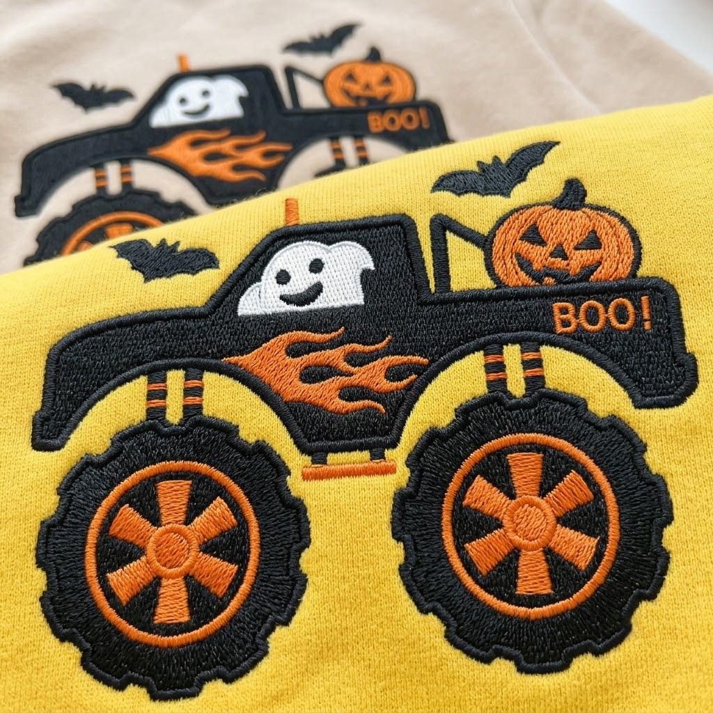 Buy 1 get 1 Halloween Monster Truck Sweatshirt, Ghost Pumpkin Embroidered Sweater, Toddler Boy Fall Pullover, Cute Halloween Shirt