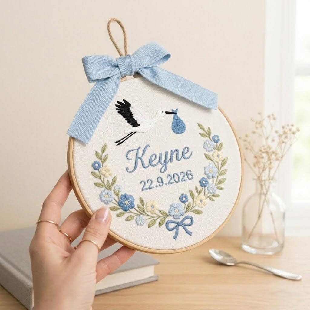 Personalized Stork Embroidery Hoop Art, Custom Baby Birth Announcement, Nursery Decor, Newborn Gift, Baby Shower Gift