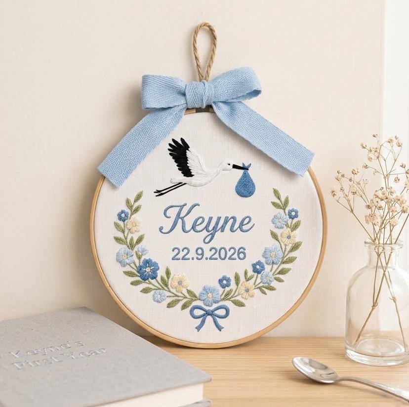 Personalized Stork Embroidery Hoop Art, Custom Baby Birth Announcement, Nursery Decor, Newborn Gift, Baby Shower Gift