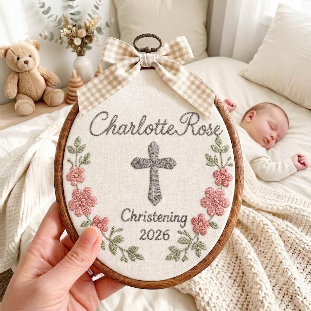Christening Embroidery Hoop, Personalized Baptism Gift, Custom Baby Name Wall Hanging, Religious Nursery Decor, Keepsake Gift