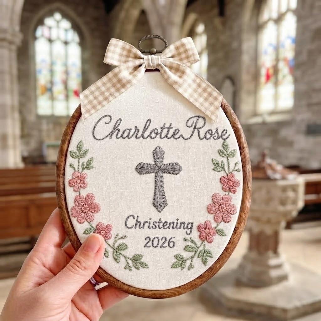 Christening Embroidery Hoop, Personalized Baptism Gift, Custom Baby Name Wall Hanging, Religious Nursery Decor, Keepsake Gift