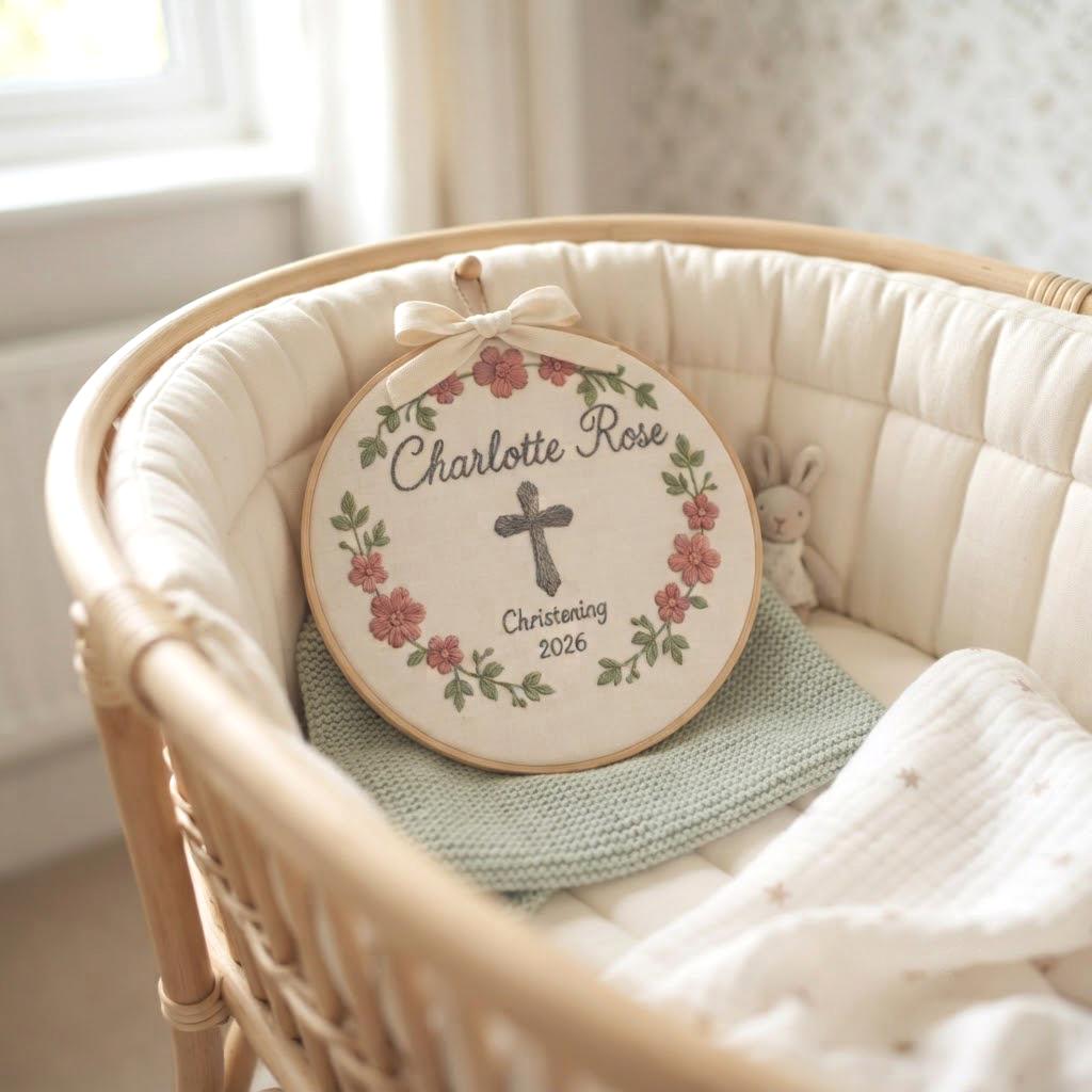 Christening Gift, Personalized Baby Baptism Embroidery Hoop, Custom Nursery Decor, Baptism Gift for Girl, Cross Nursery Art, Baby Name Sign