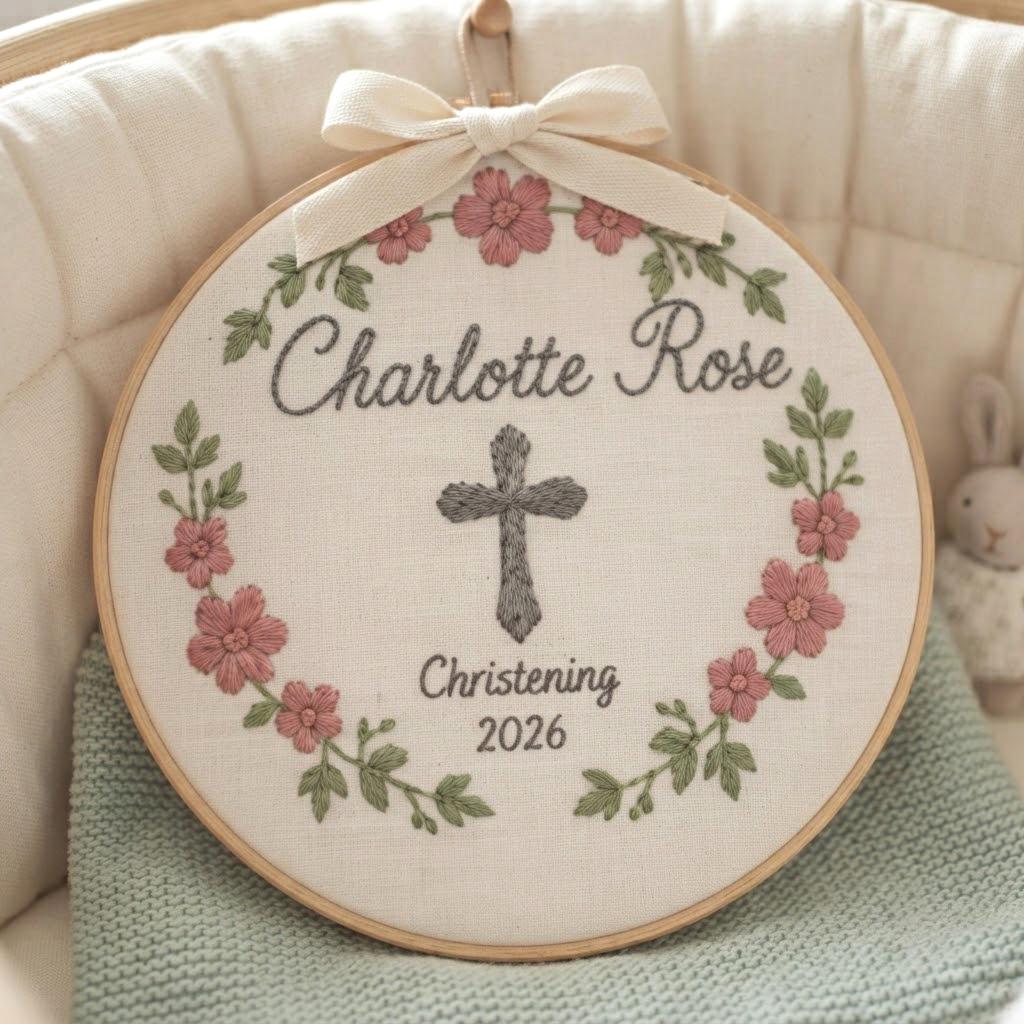 Christening Gift, Personalized Baby Baptism Embroidery Hoop, Custom Nursery Decor, Baptism Gift for Girl, Cross Nursery Art, Baby Name Sign