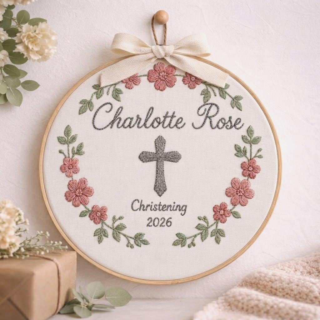 Christening Gift, Personalized Baby Baptism Embroidery Hoop, Custom Nursery Decor, Baptism Gift for Girl, Cross Nursery Art, Baby Name Sign