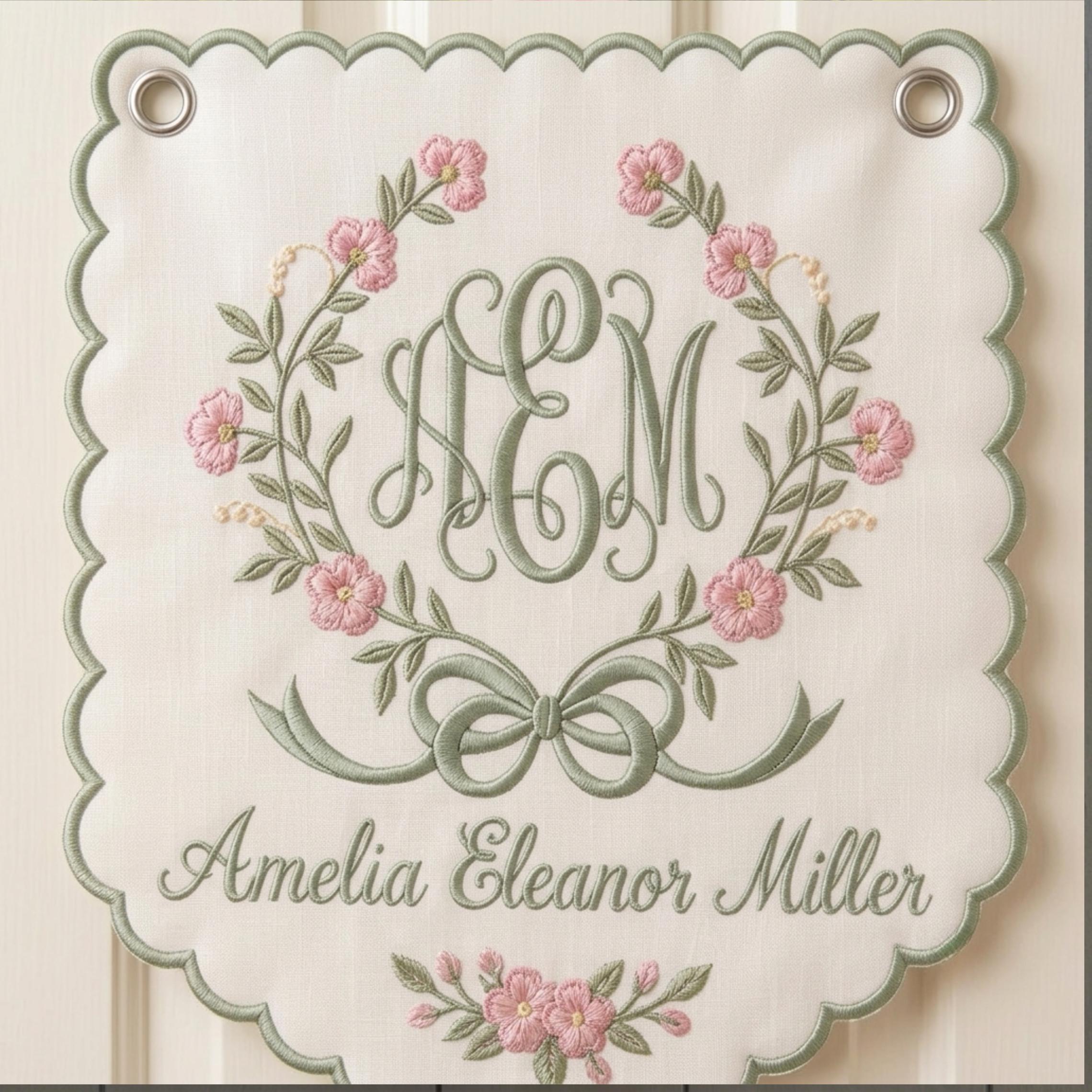 Embroidered Baby Name Banner, Floral Monogram Hospital Door Sign, Baby Girl Nursery Keepsake