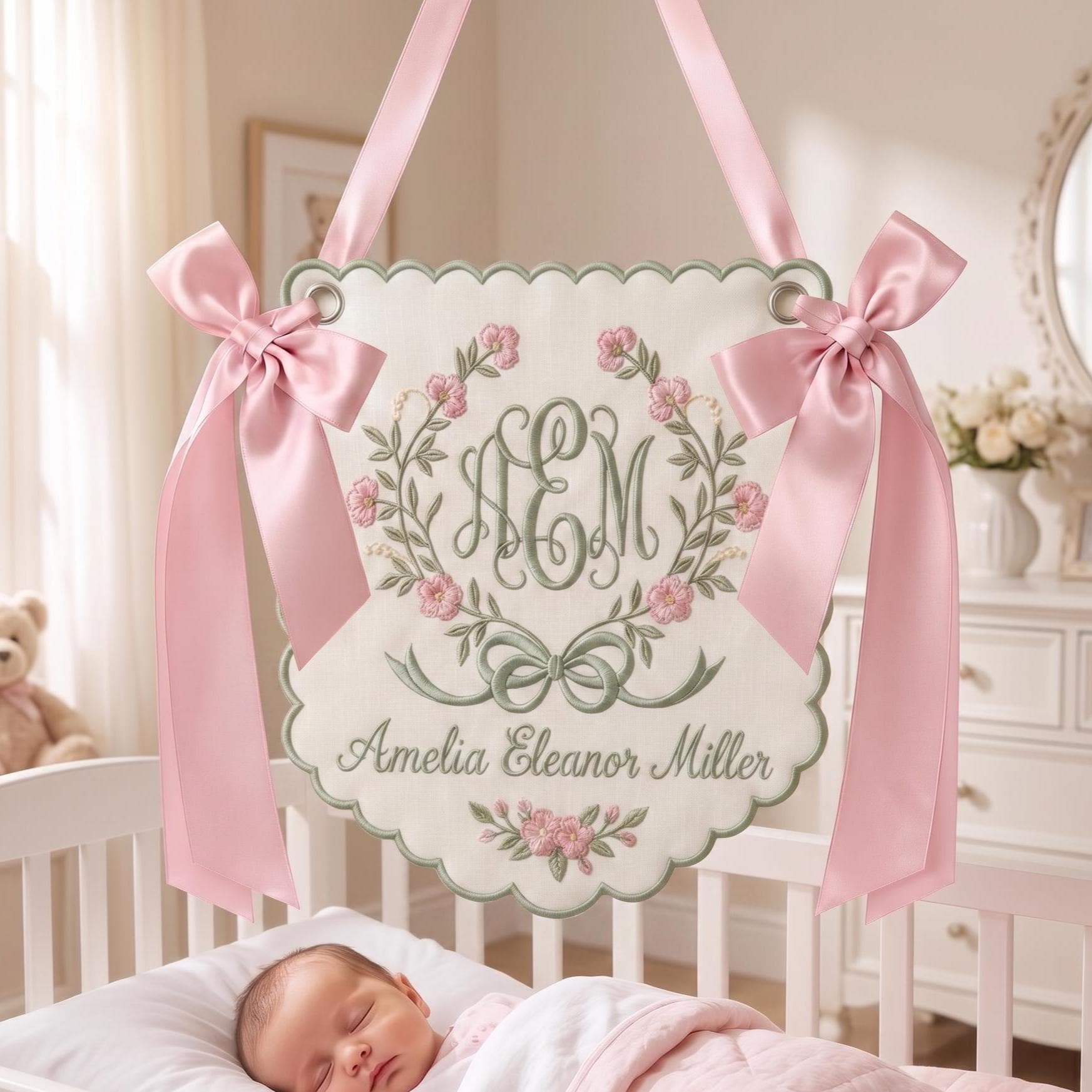Embroidered Baby Name Banner, Floral Monogram Hospital Door Sign, Baby Girl Nursery Keepsake
