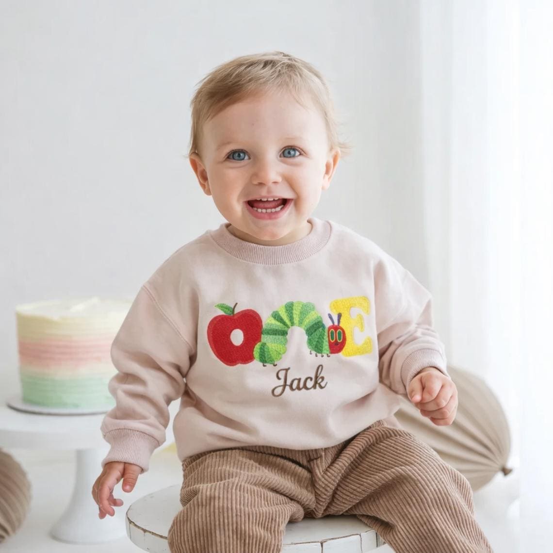 Embroidery Caterpillar Birthday Shirt, First Birthday Cake Smash Outfit, Crewneck Sweatshirt for Toddlers, Embroidered Kids Sweatshirt