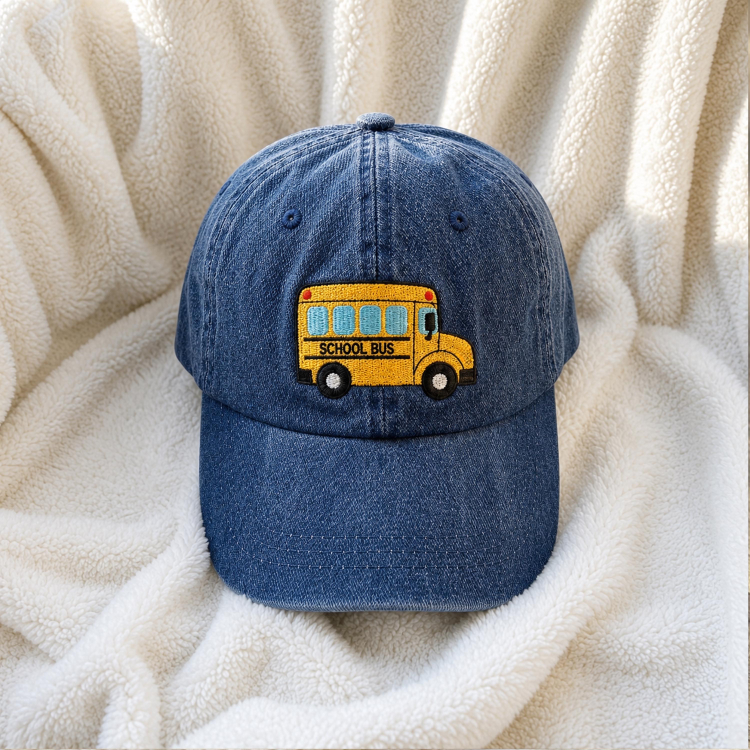 Embroidered Kids School Bus Hat, Washed Denim Baseball Cap, Toddler Embroidered Hat, Back to School Gift