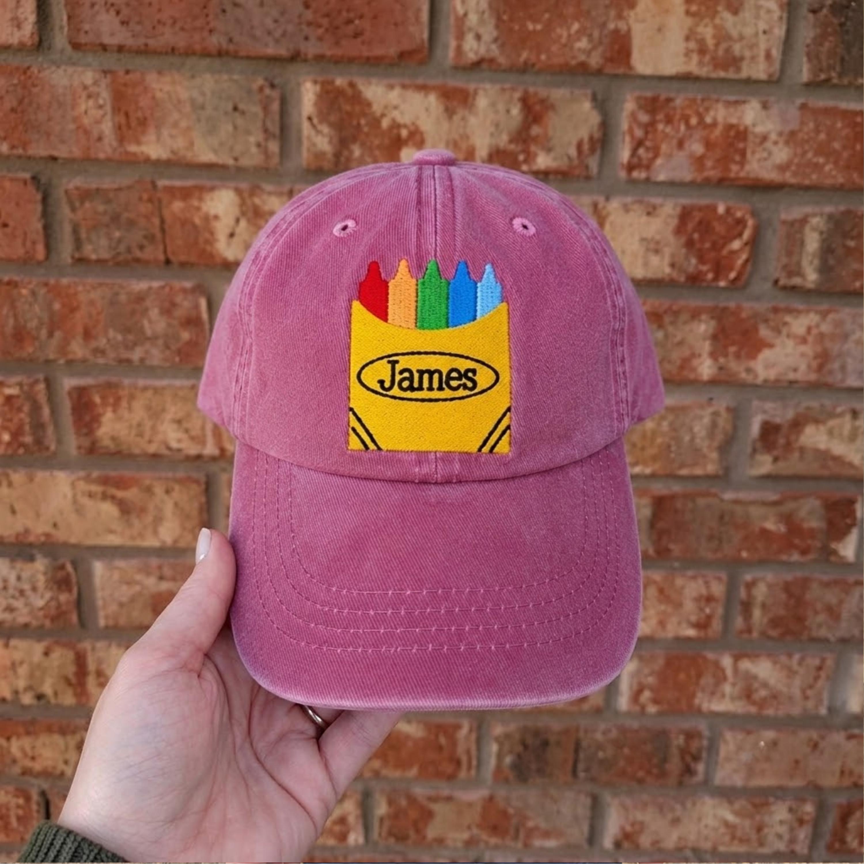 Personalized Kids Hat Custom Name Crayon Box Baseball Cap, Boys Girl Toddler Hat Back to School Gift Washed Denim