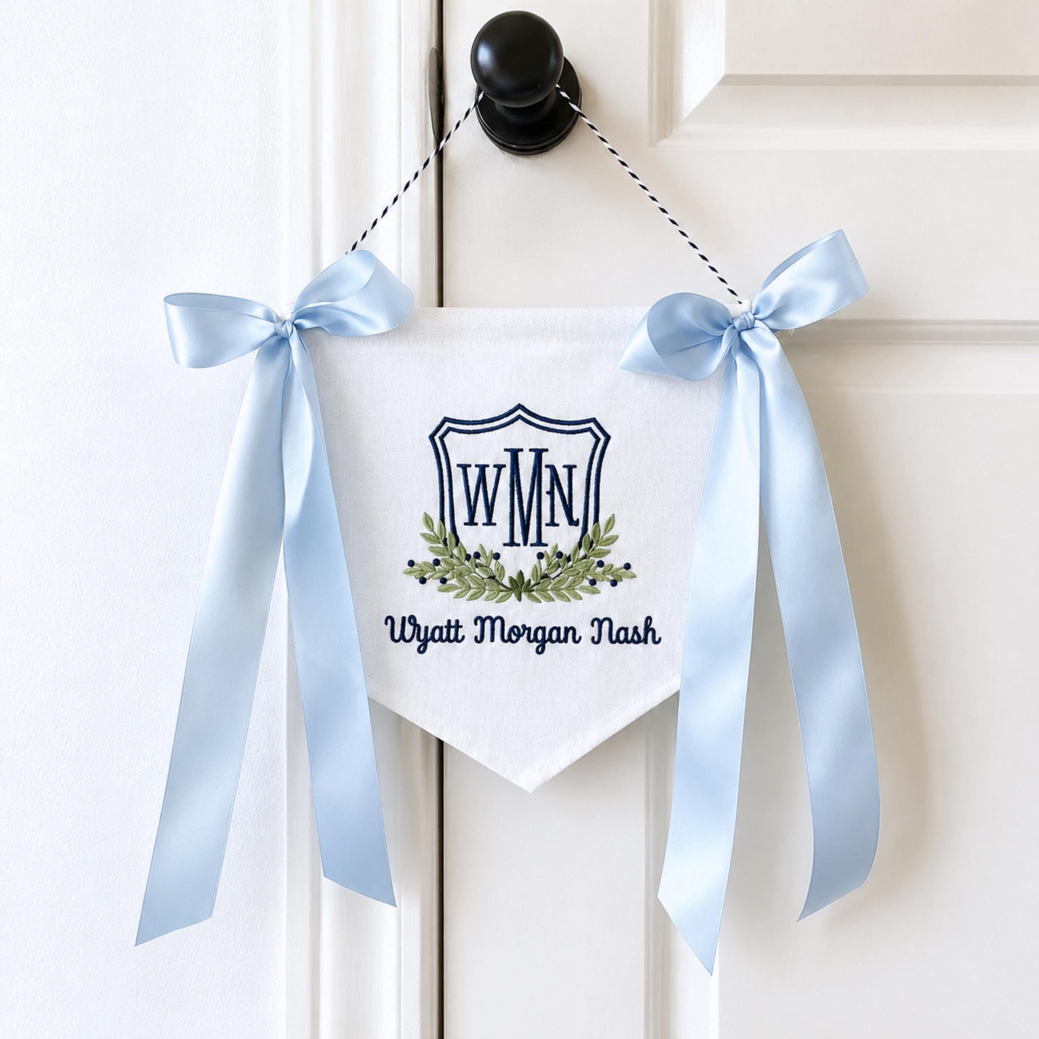 Custom Monogram Nursery Banner, Embroidered Baby Boy Name Pennant, Crest Wall Decor, Personalized Baby Shower Gift