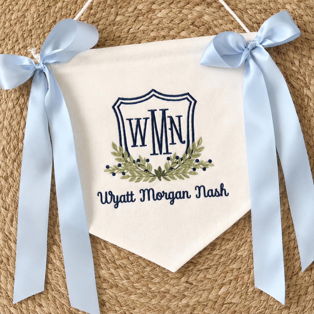 Custom Monogram Nursery Banner, Embroidered Baby Boy Name Pennant, Crest Wall Decor, Personalized Baby Shower Gift