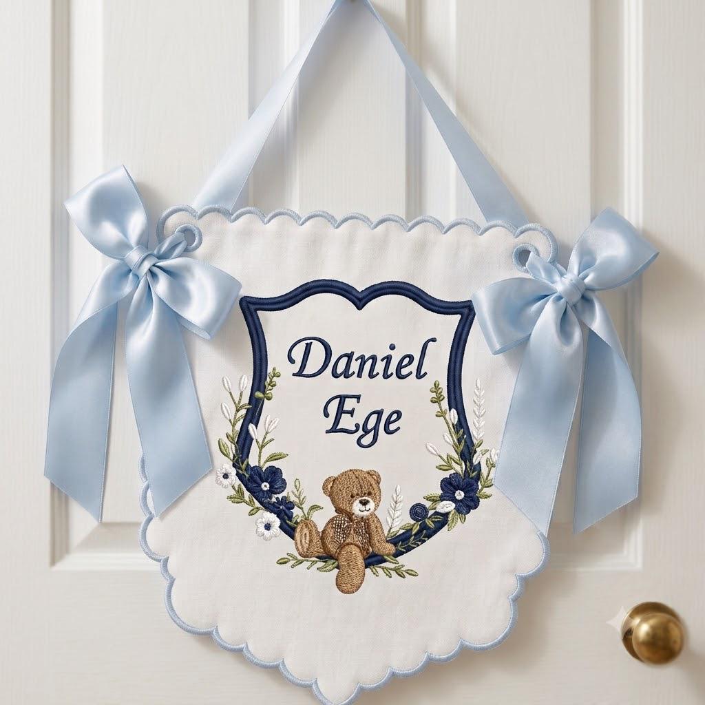 Custom Baby Boy Nursery Banner, Embroidered Teddy Bear Name Sign, Hospital Door Hanger, Personalized Newborn Shower Gift