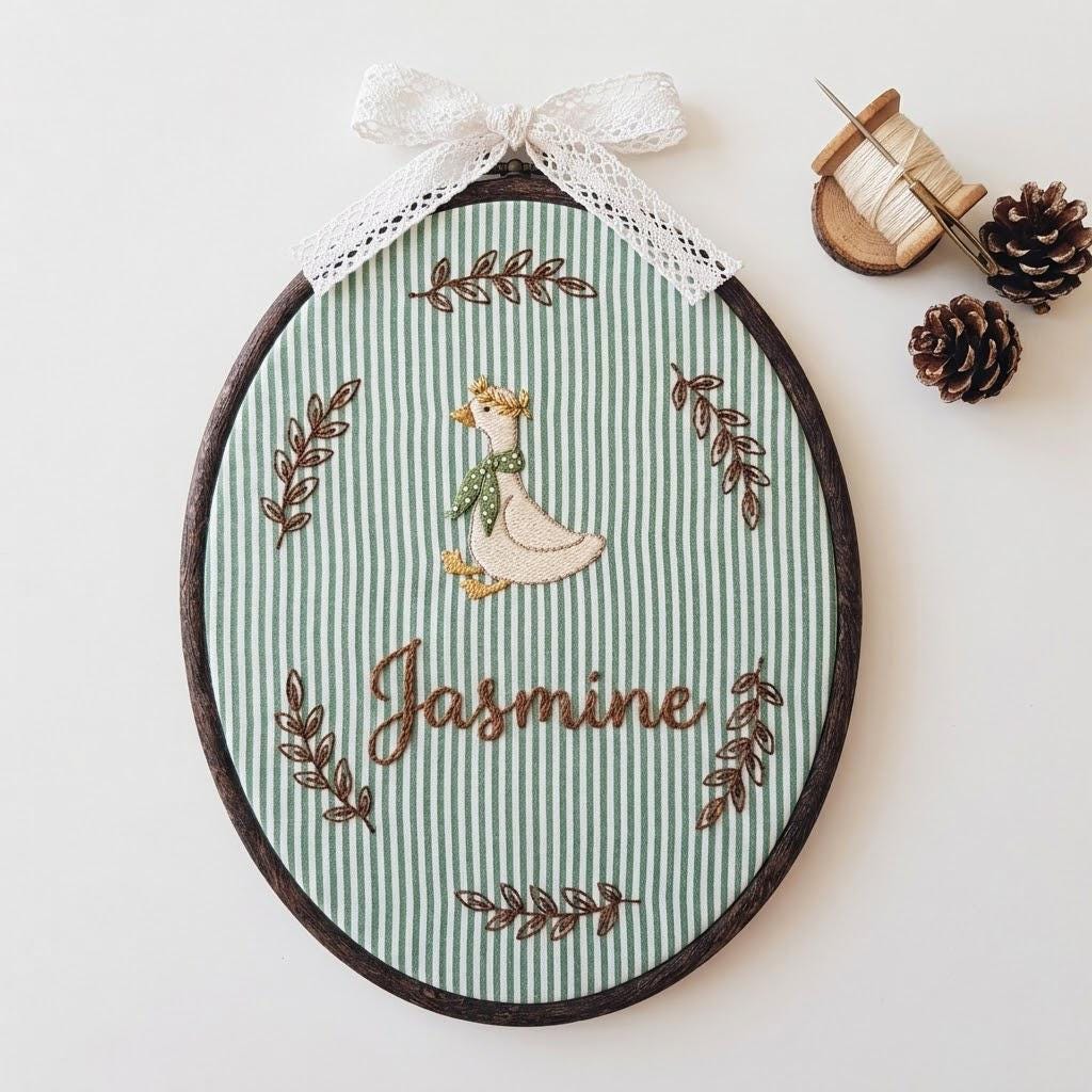 Personalized Goose Embroidery Hoop, Custom Name Nursery Decor, Green Striped Ornament, Baby Girl Gift, Oval Wall Art