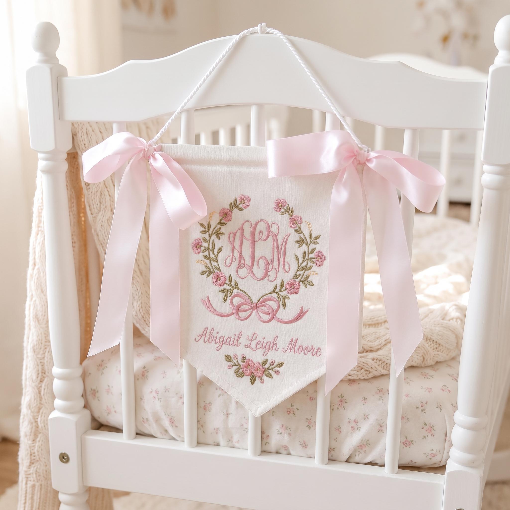 Custom Monogram Baby Girl Nursery Pennant, Pink Bow Floral Name Banner, Personalized Coquette Wall Decor, Baby Shower Gift