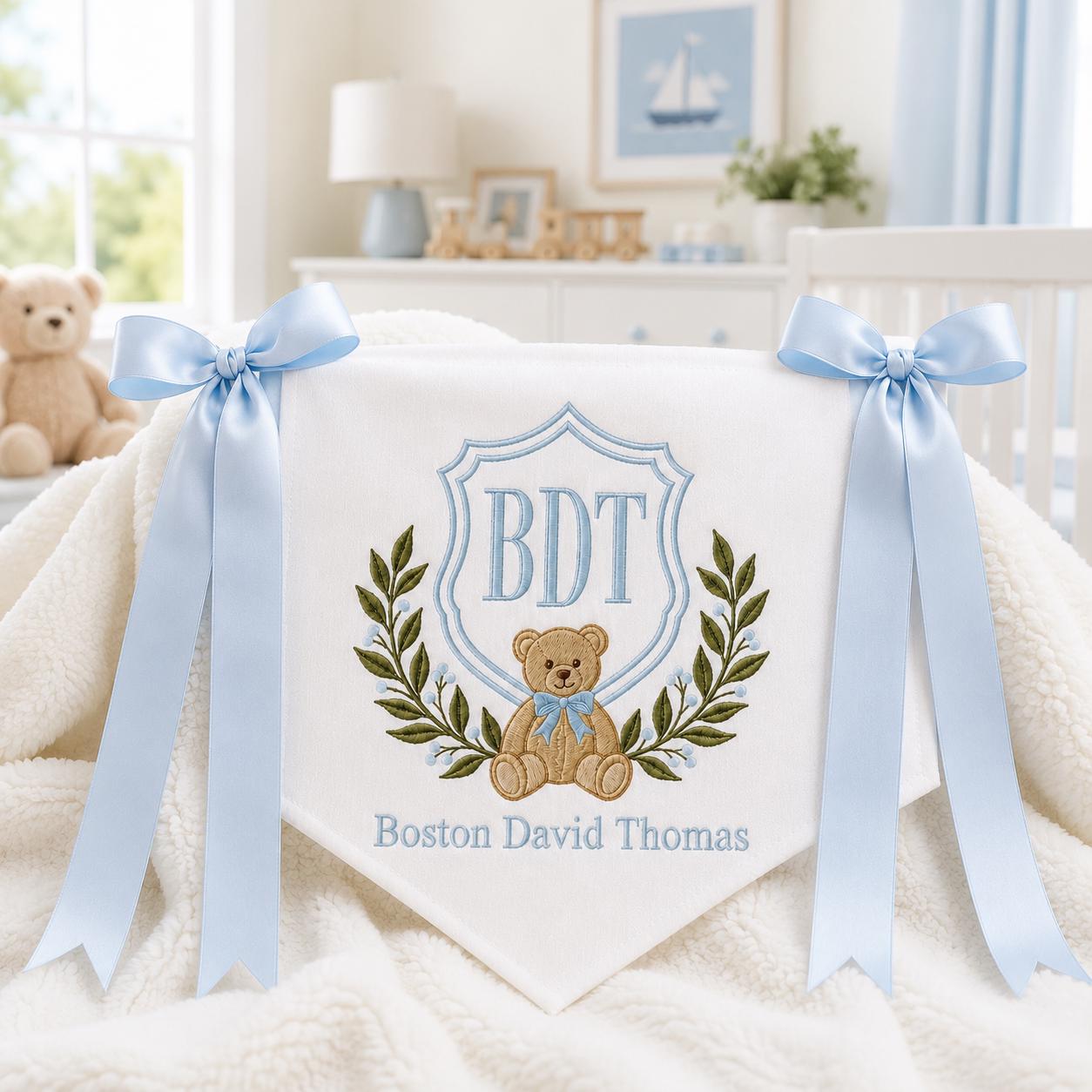Personalized Baby Boy Hospital Banner, Embroidered Monogram Newborn Name Sign, Teddy Bear Nursery Decor Sign, Newborn Shower Gift