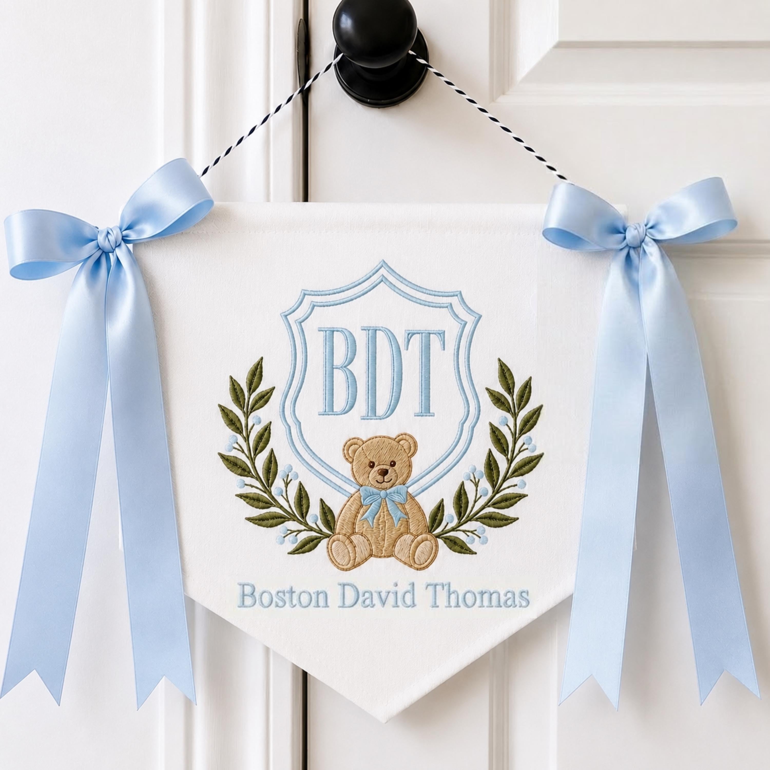 Personalized Baby Boy Hospital Banner, Embroidered Monogram Newborn Name Sign, Teddy Bear Nursery Decor Sign, Newborn Shower Gift