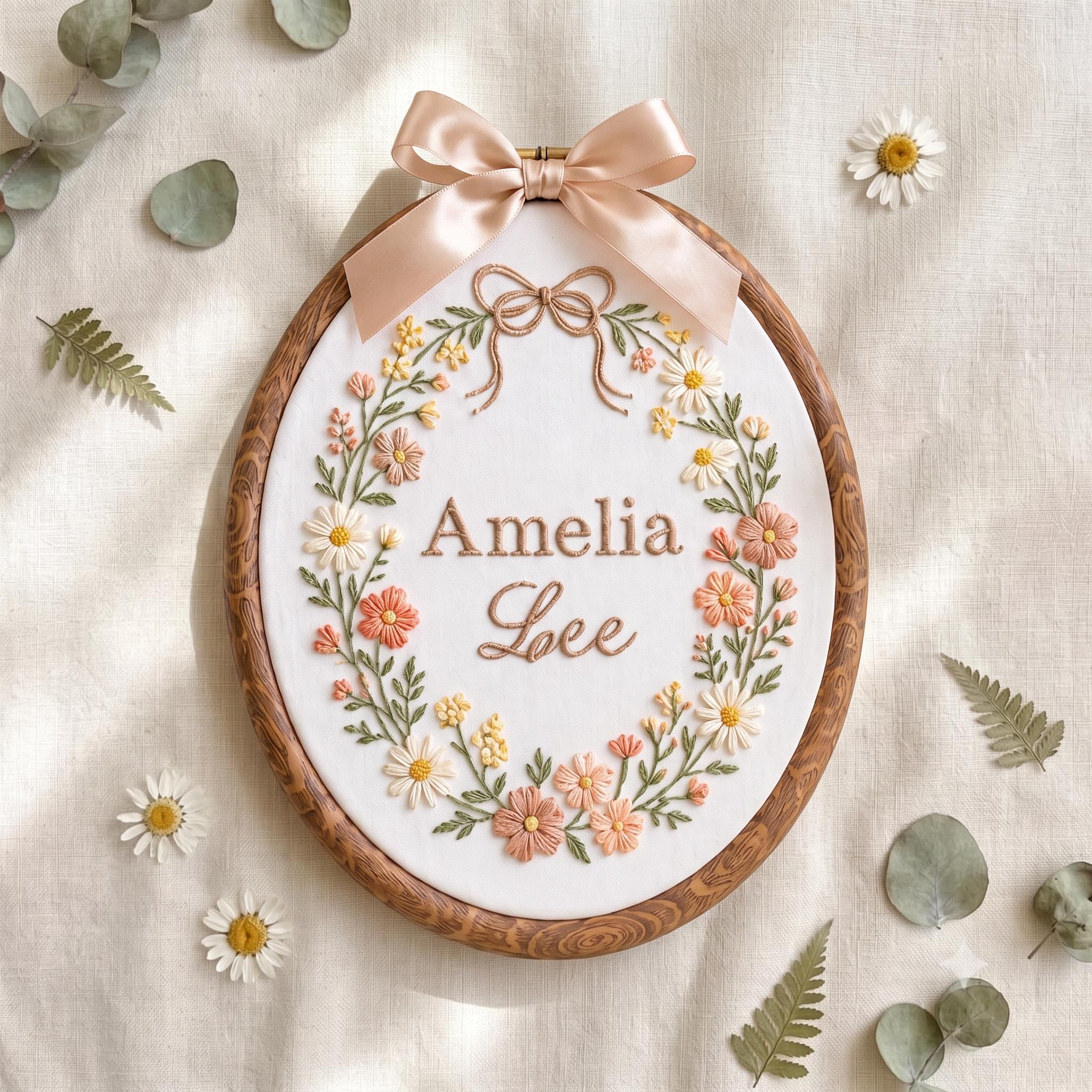 Embroidered Baby Name & Wildflower Hoop Sign, Personalized Embroidery Floral Nursery Wall Decor, Baby girl Announcement, Newborn Gift