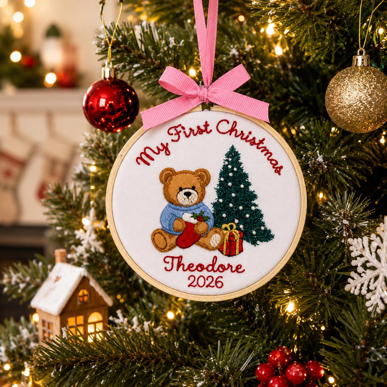 Baby First Christmas Ornament Personalized, Embroidered Teddy Bear Hoop with Name and Year, Baby Boy Baby Girl Keepsake Gift 2026