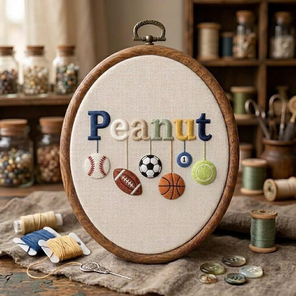 Personalized Name Embroidery Hoop, Sports Nursery Decor for Baby Boy, Custom Kids Room Sign, Baby Shower Gift, Sports Theme