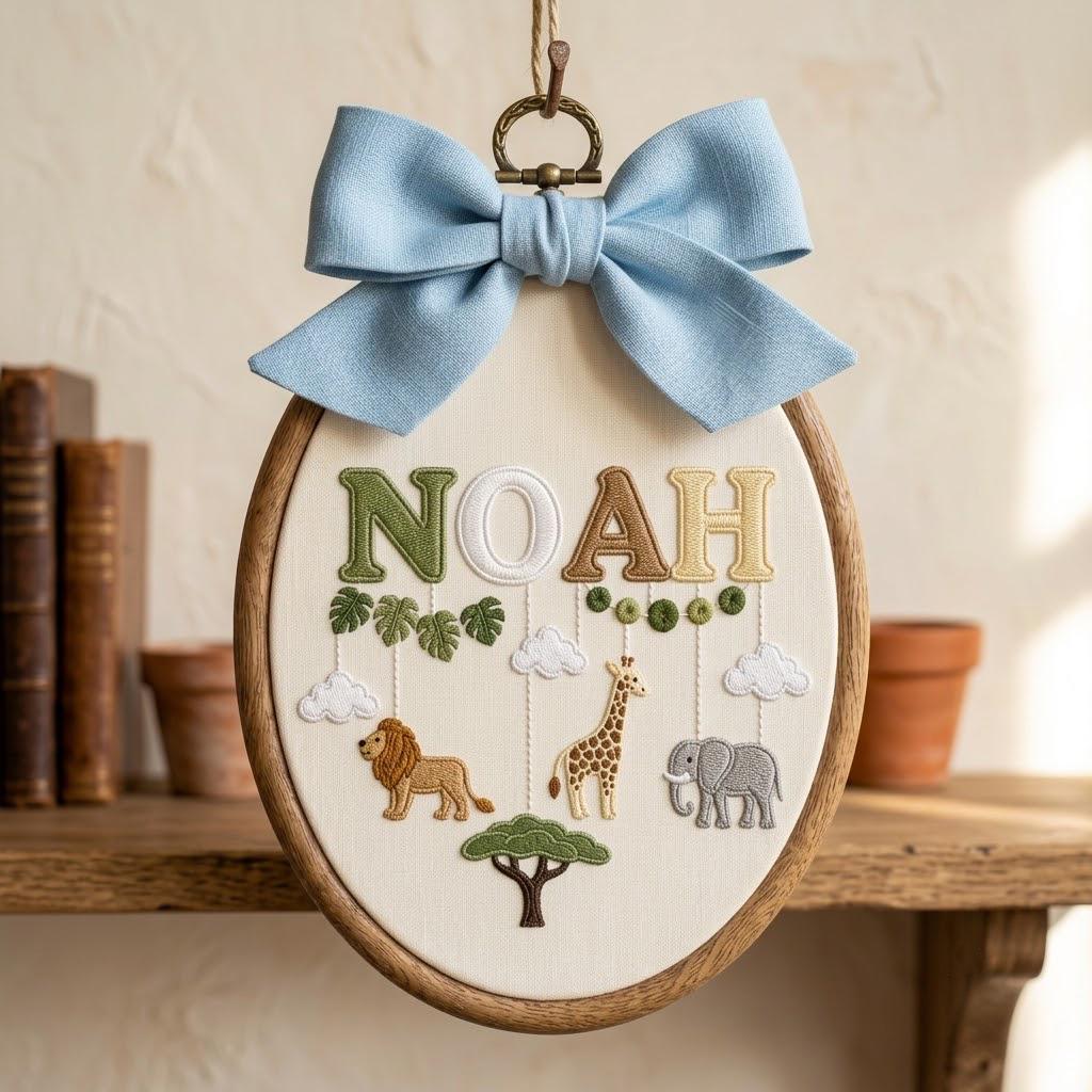 Custom Safari Nursery Decor, Embroidered Name Sign, Jungle Baby Boy Gift, Personalized Hoop Art, Newborn Keepsake, Animal Ornament