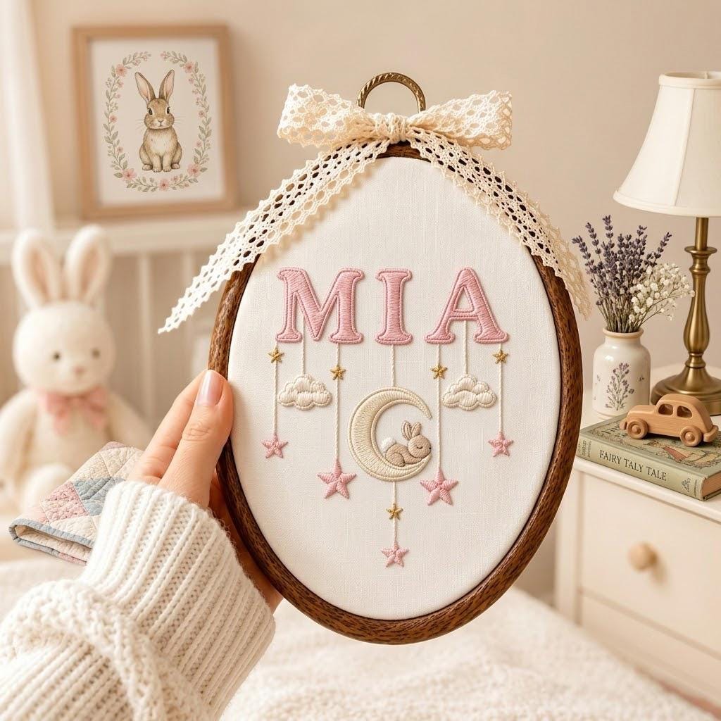 Custom Baby Name Embroidery Hoop, Bunny Moon Nursery Decor, Personalized Girl Gift, Boho Pink Wall Art