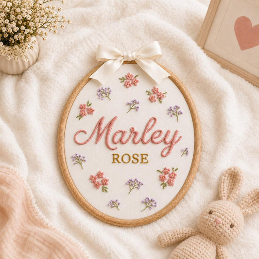 ersonalized Embroidered Floral Baby Name Hoop, Baby Name Reveal Sign Heirloom, Baby Name Wall Decor, Baby Shower Gift, Newborn Keepsake