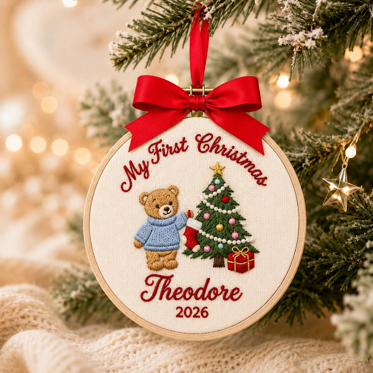Personalized First Christmas Ornament 2026, Custom Baby Name Embroidered Hoop Ornament, Teddy Bear Christmas Tree Decor, Newborn Gift