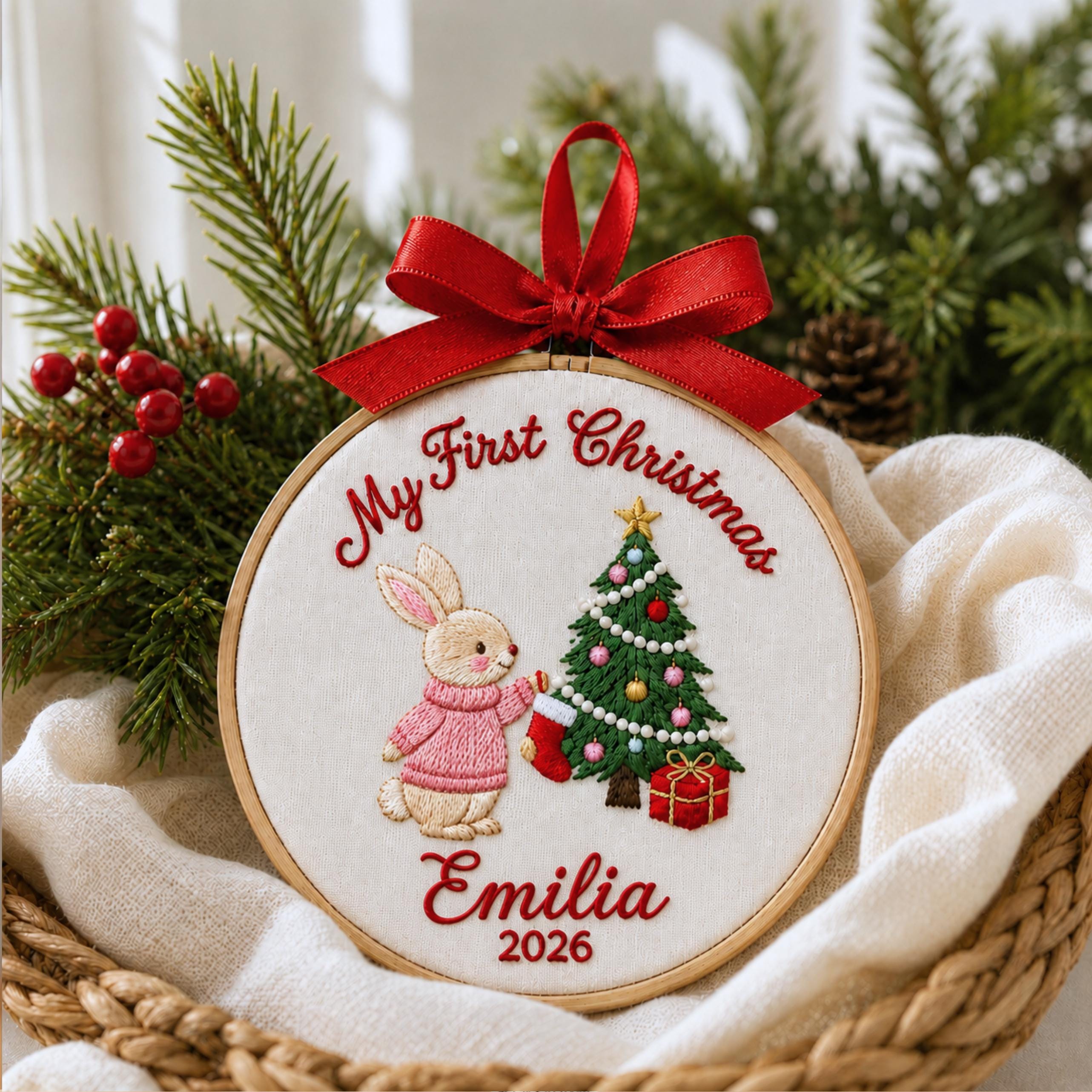 Personalized Baby First Christmas Ornament, Custom Bunny Embroidery Hoop Ornament, Baby's First Christmas Gift 2026