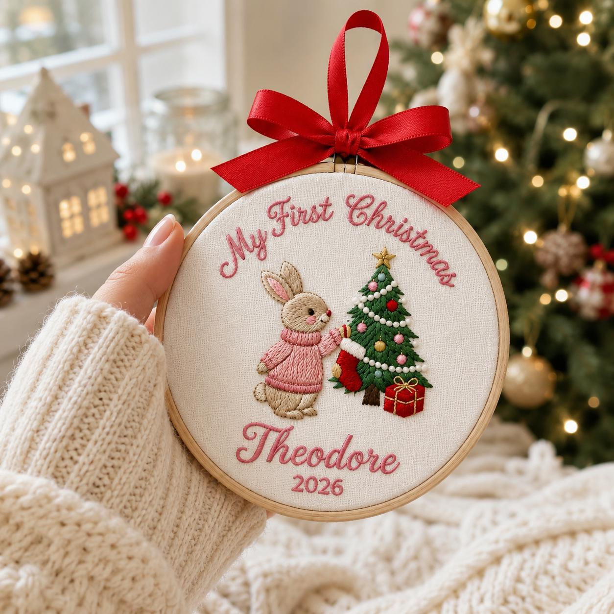 Personalized Baby First Christmas Ornament, Custom Bunny Embroidery Hoop Ornament, Baby's First Christmas Gift 2026