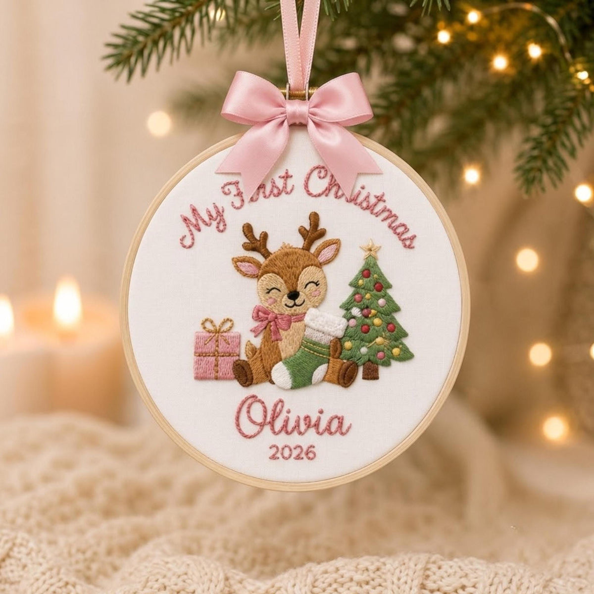 Personalized Baby’s First Christmas 2026 Embroidery Hoop Ornament, Baby Embroidered Keepsake, Name Hoop, Newborn Christmas Gift