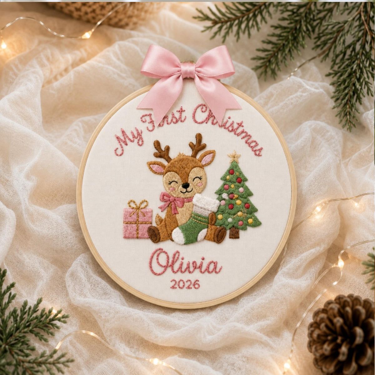Personalized Baby’s First Christmas 2026 Embroidery Hoop Ornament, Baby Embroidered Keepsake, Name Hoop, Newborn Christmas Gift