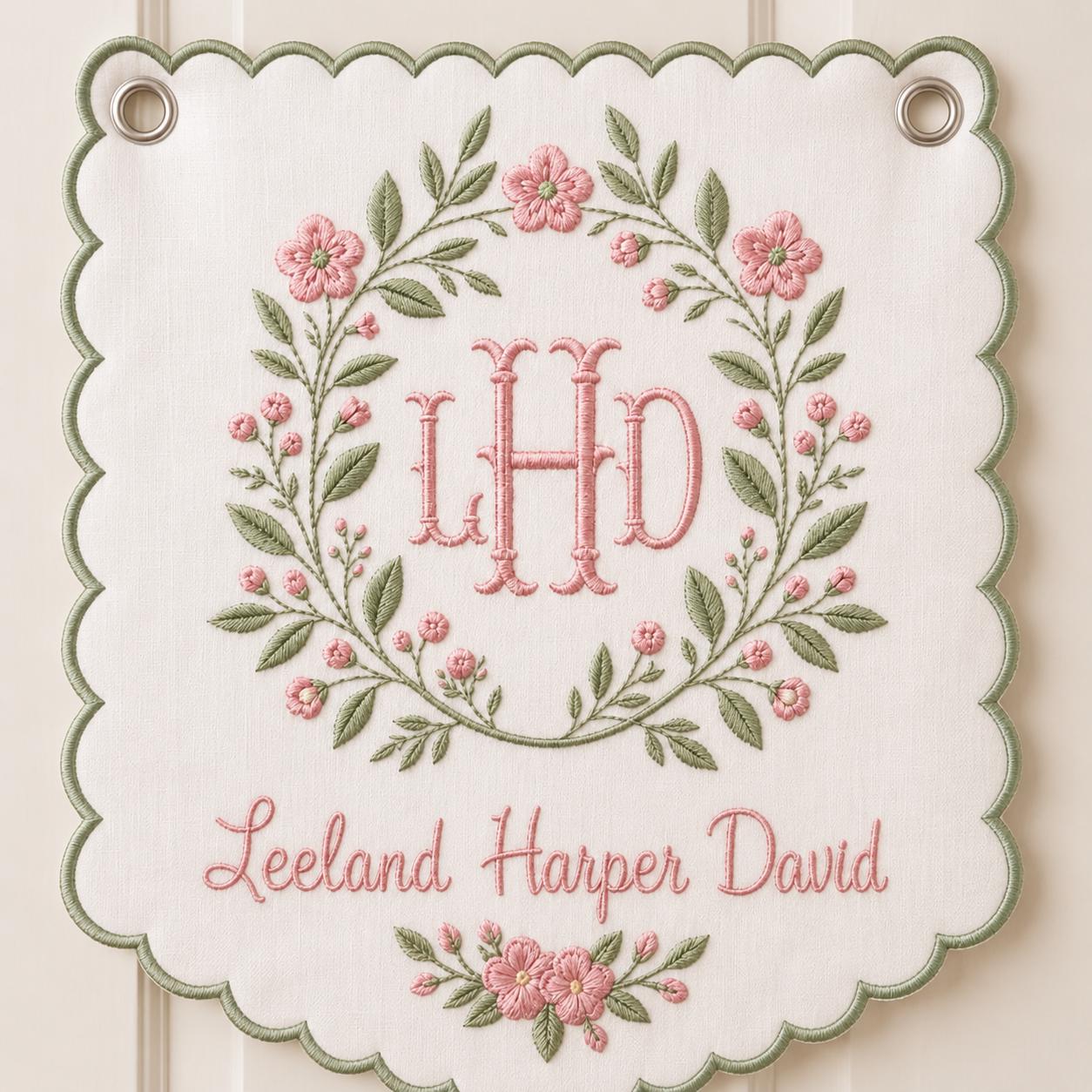 Personalized Baby Girl Hospital Banner, Embroidered Monogram Newborn Name Sign, Floral Nursery Decor