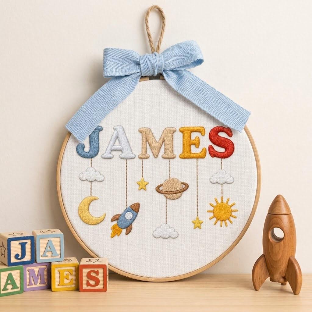 Personalized Space Nursery Decor Boy, Custom Baby Name Embroidery Hoop Art, Rocket Room Sign, Unique Newborn Gift, Baby Shower Gift