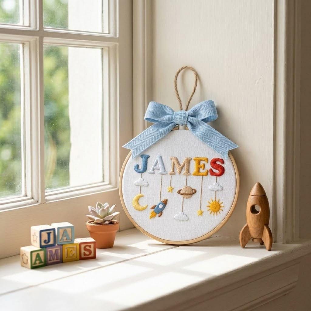 Personalized Space Nursery Decor Boy, Custom Baby Name Embroidery Hoop Art, Rocket Room Sign, Unique Newborn Gift, Baby Shower Gift