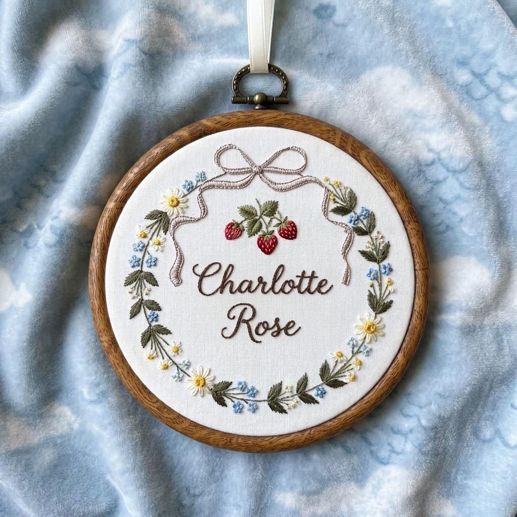 Personalized Strawberry Baby Girl Name Ornament, Custom Embroidered Hoop Art, Baby Nursery Decor, Newborn Girl Gift, Strawberry Decor