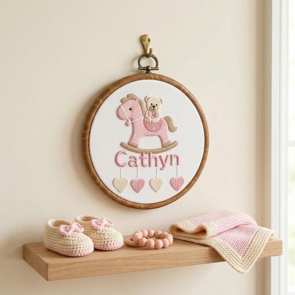 Personalized Baby Girl/ Baby Boy Name Ornament, Embroidered Rocking Horse Nursery Decor, Custom Baby Shower Gift, Boy First Christmas Gift