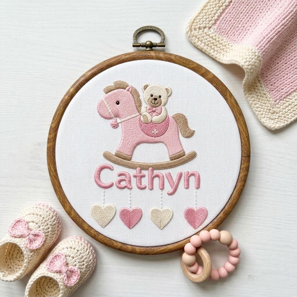 Personalized Baby Girl/ Baby Boy Name Ornament, Embroidered Rocking Horse Nursery Decor, Custom Baby Shower Gift, Boy First Christmas Gift