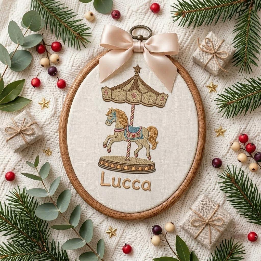 Personalized Carousel Horse Embroidered Ornament, Custom Baby Name Sign Hoop Art, Merry Go Round Nursery Decor