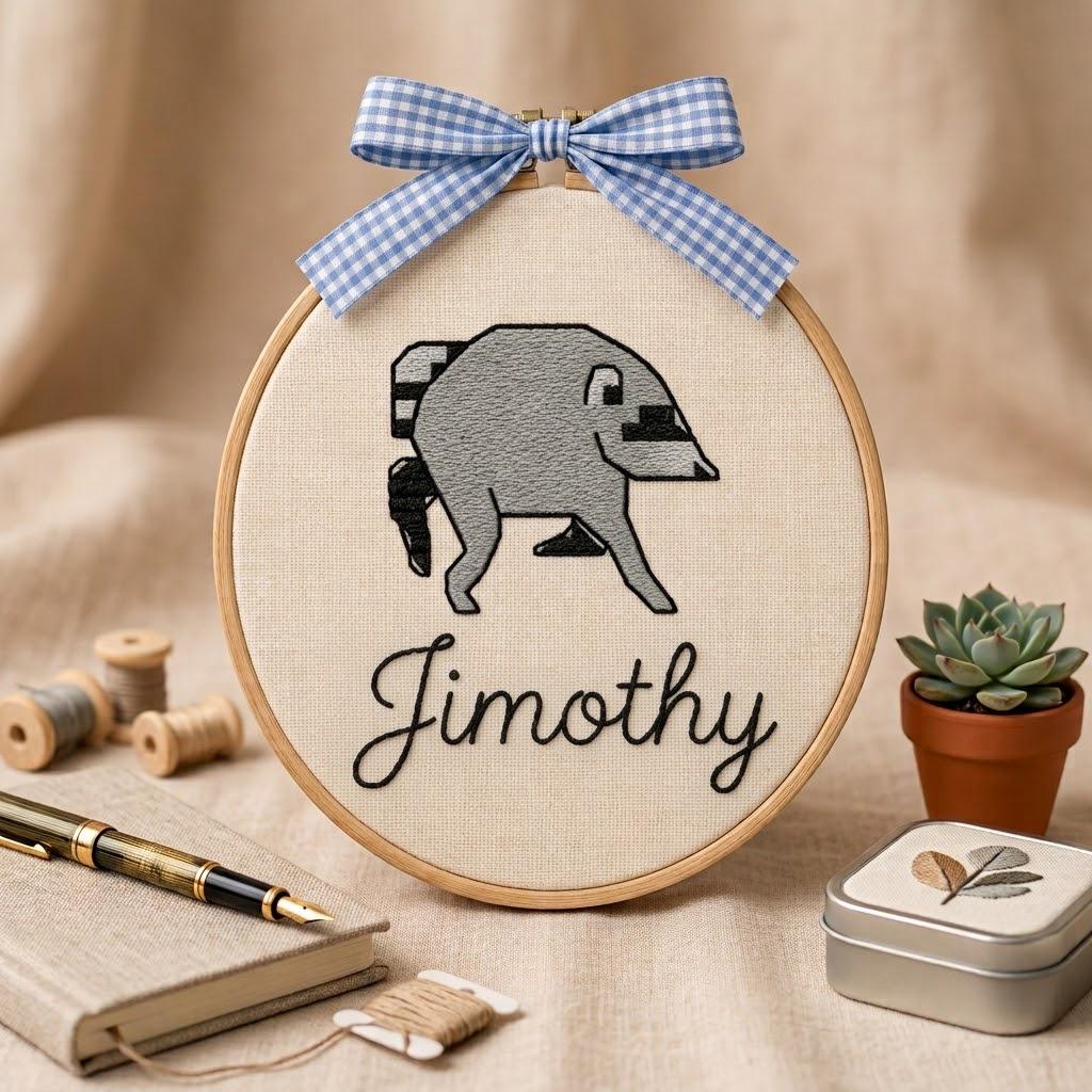 Personalized Funny Jimothy Raccoon Embroidery Hoop, Custom Name Nursery Wall Art, Quirky Animal Decor, Unique Handmade Gift