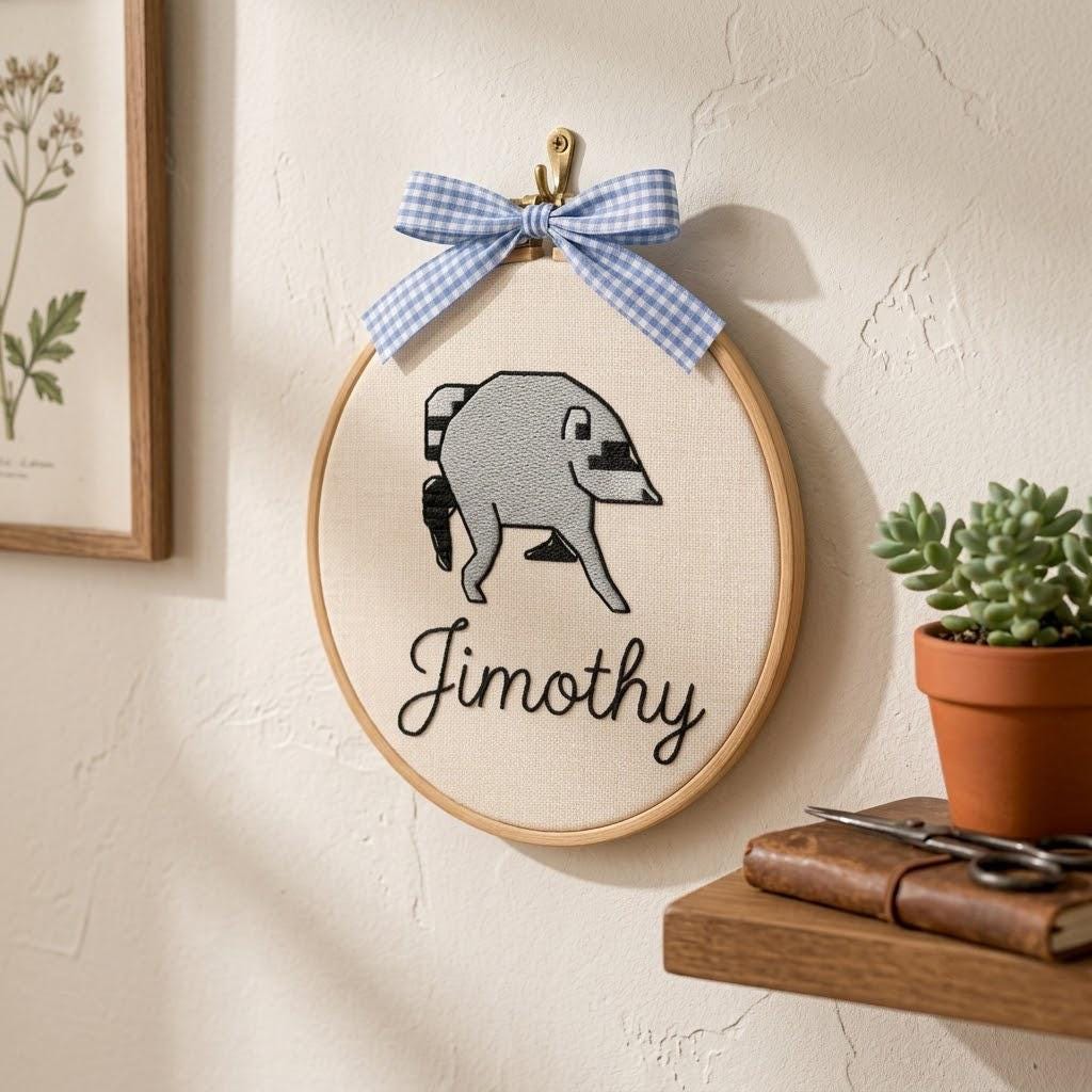 Personalized Funny Jimothy Raccoon Embroidery Hoop, Custom Name Nursery Wall Art, Quirky Animal Decor, Unique Handmade Gift
