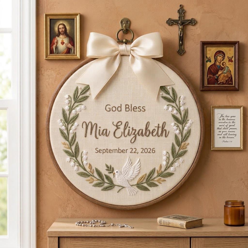 Personalized Baptism Embroidery Name Hoop, Custom Baby Name Christening Sign, Christening Day Keepsake, Nursery Decor Gift, Baby Shower Gift