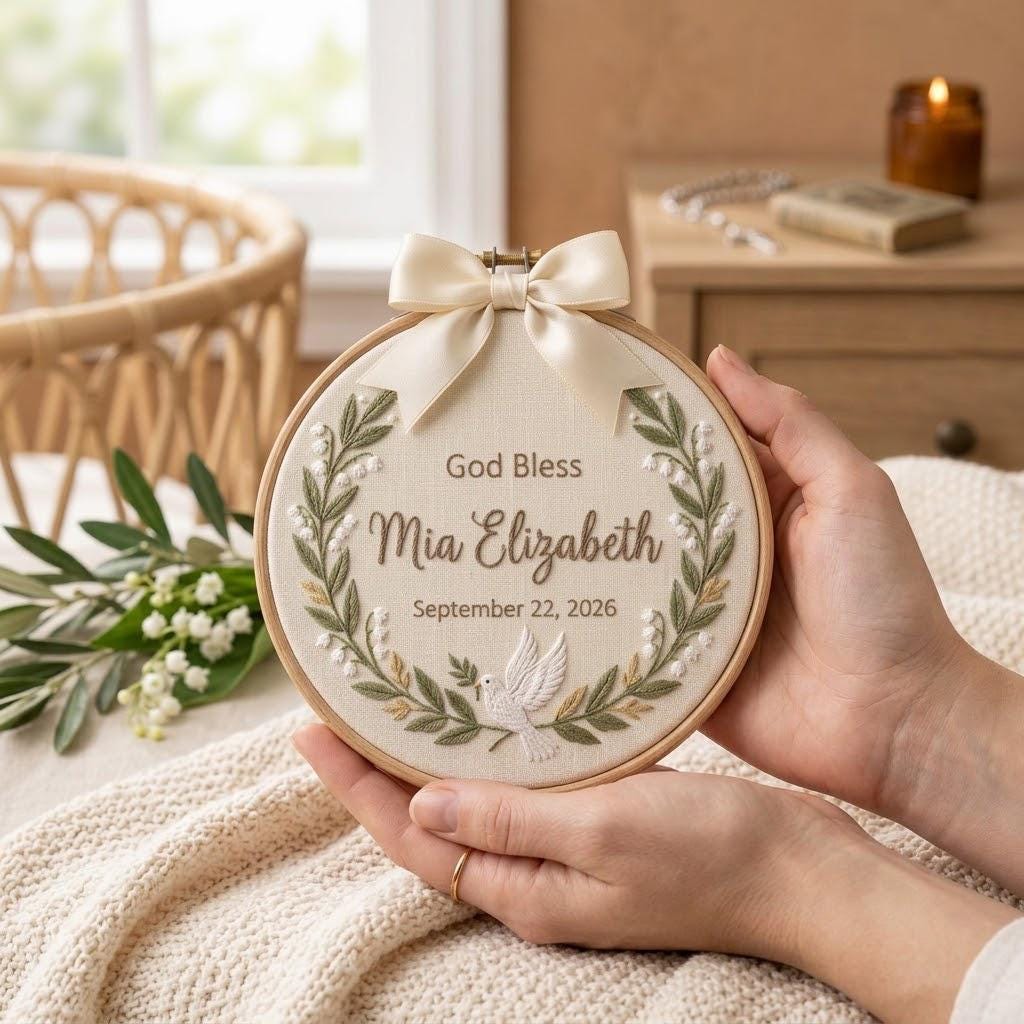 Personalized Baptism Embroidery Name Hoop, Custom Baby Name Christening Sign, Christening Day Keepsake, Nursery Decor Gift, Baby Shower Gift