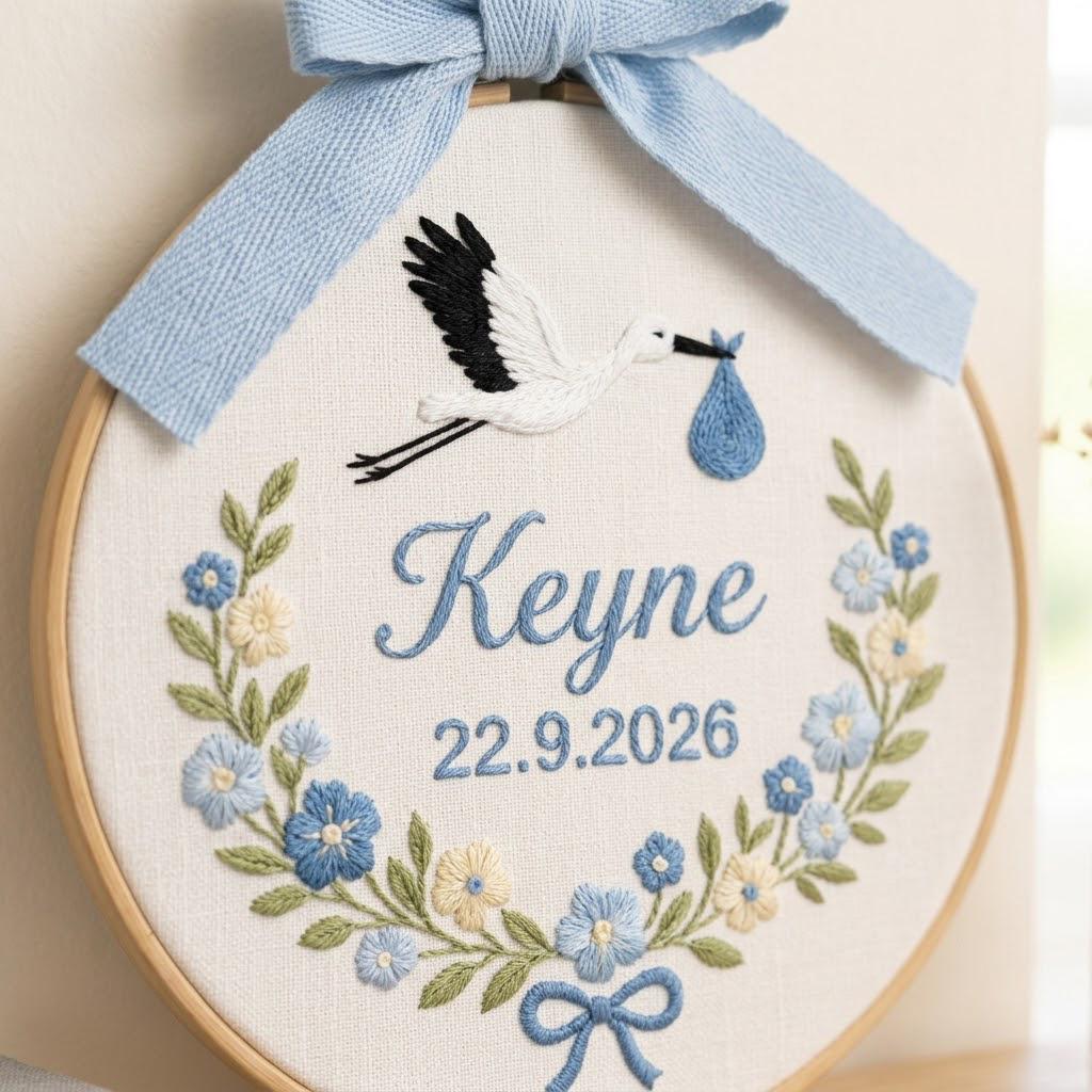 Personalized Stork Embroidery Hoop Art, Custom Baby Birth Announcement, Nursery Decor, Newborn Gift, Baby Shower Gift