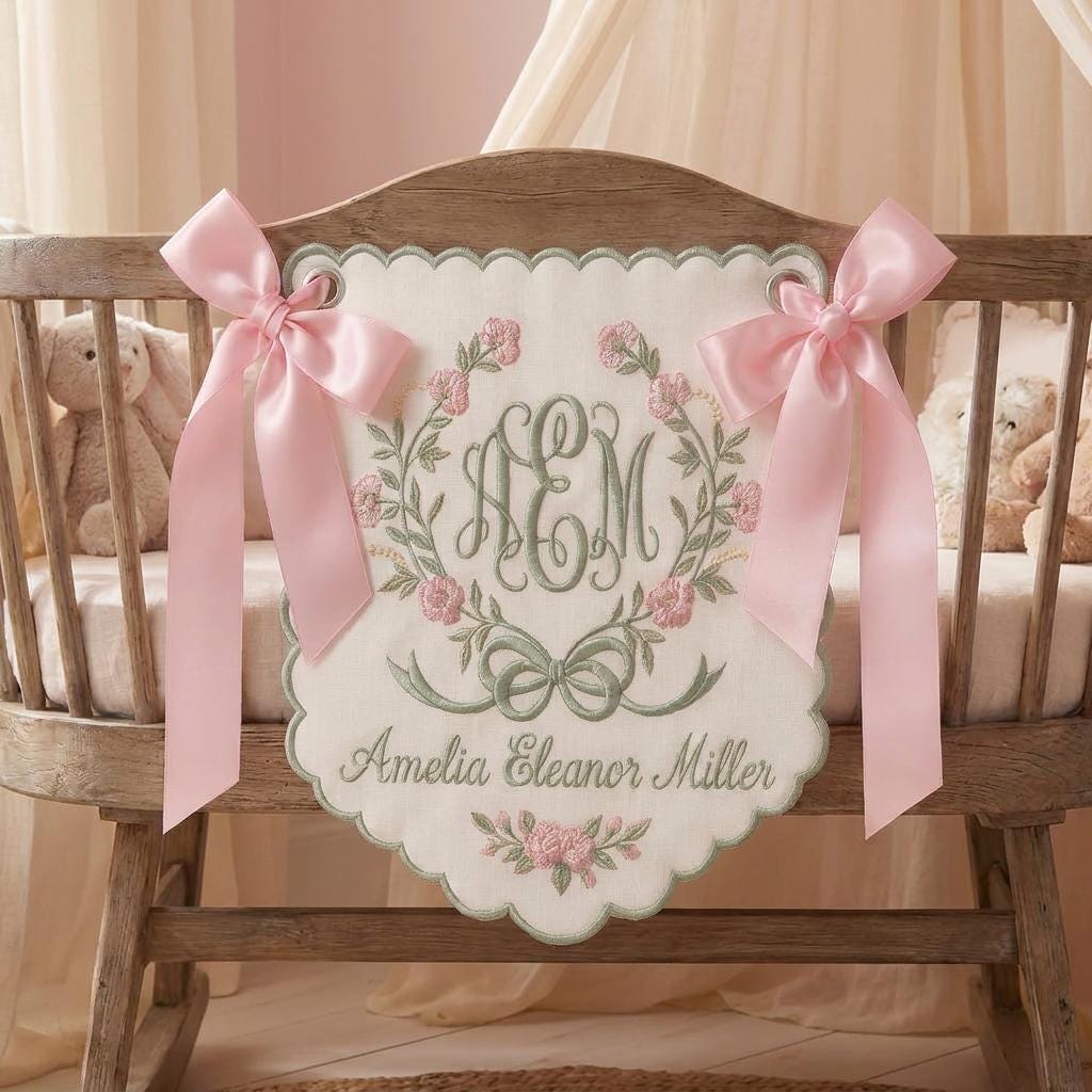 Embroidered Baby Name Banner, Floral Monogram Hospital Door Sign, Baby Girl Nursery Keepsake