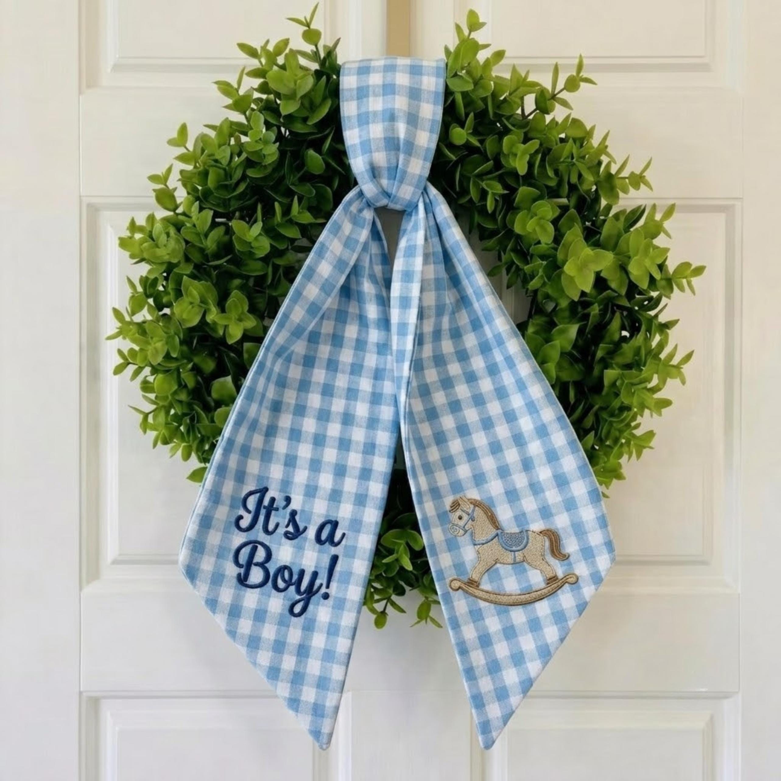 It's a Boy Wreath Sash, Baby Boy Hospital Door Hanger, Blue Gingham Nursery Decor, Rocking Horse Bow, Baby Shower Gift
