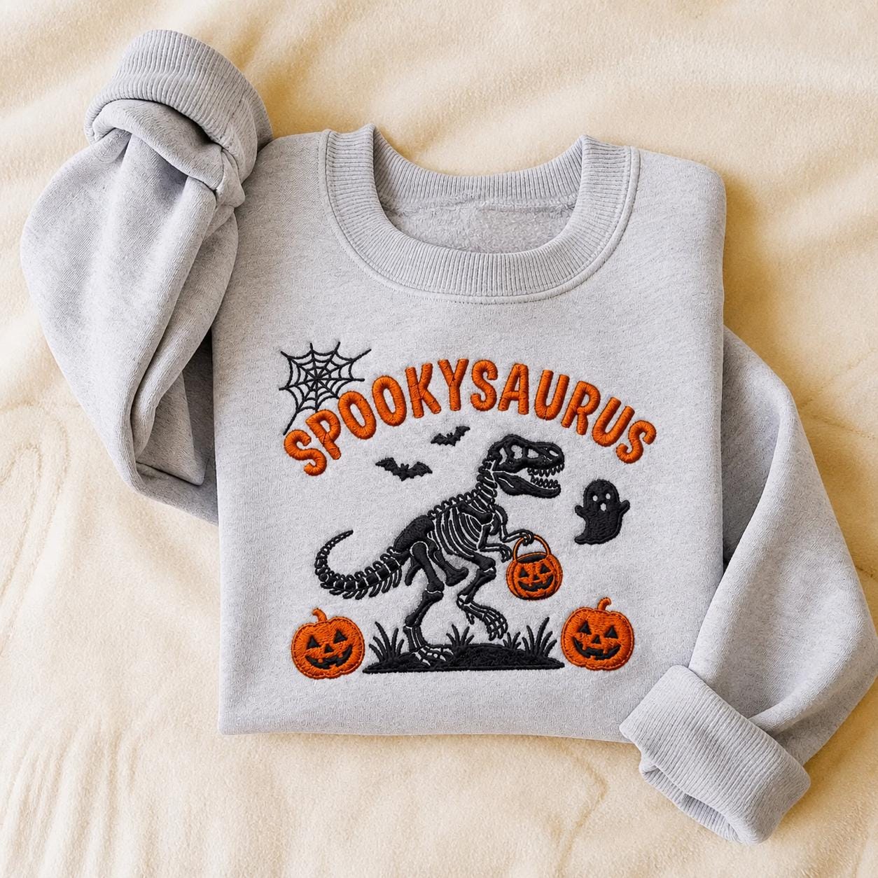 Spookysaurus Toddler Halloween Sweatshirt, Embroidered Dinosaur Skeleton Sweatshirt, Cute Pumpkin Ghost Fall Kids Crewneck