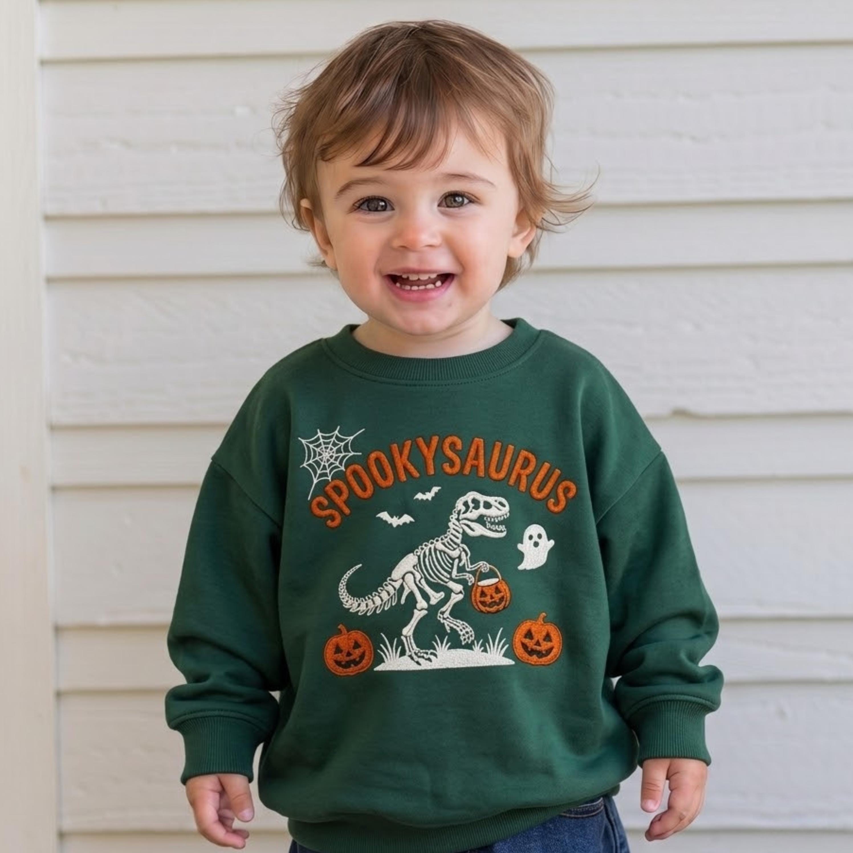 Spookysaurus Toddler Halloween Sweatshirt, Embroidered Dinosaur Skeleton Sweatshirt, Cute Pumpkin Ghost Fall Kids Crewneck