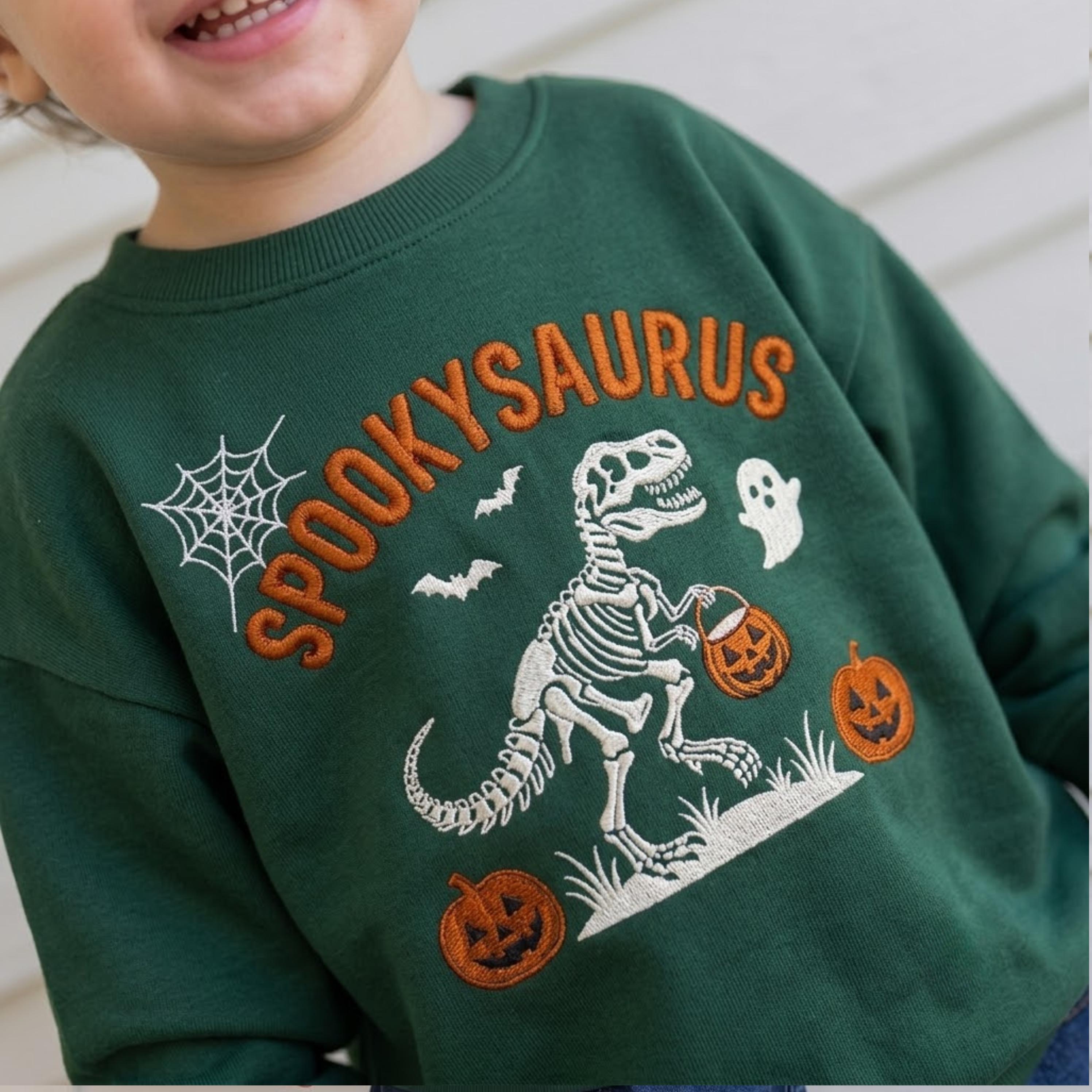Spookysaurus Toddler Halloween Sweatshirt, Embroidered Dinosaur Skeleton Sweatshirt, Cute Pumpkin Ghost Fall Kids Crewneck