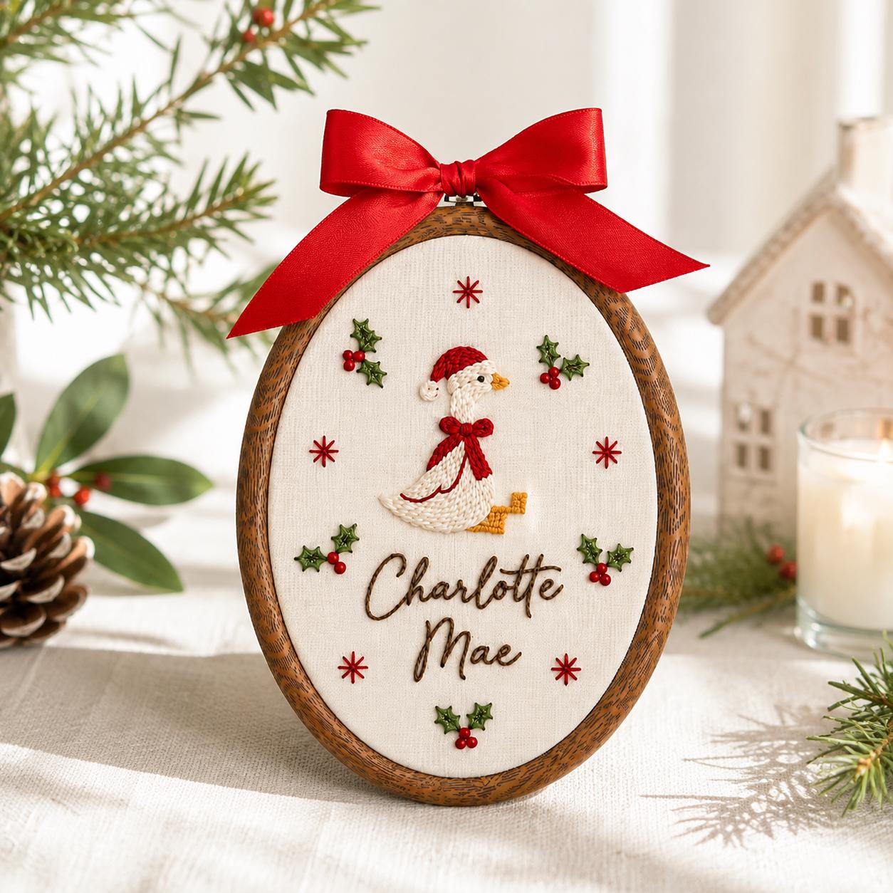 Personalized Christmas Goose Embroidery Hoop Ornament, Custom Baby Name Nursery Hoop, Handmade Holiday Keepsake, Baby First Christmas Gift